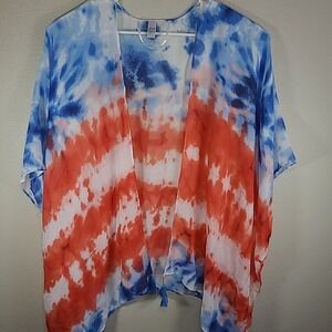 Tie Dye Kimono Cardigan Patriotic Red White Blue Summer Beach Cover Up